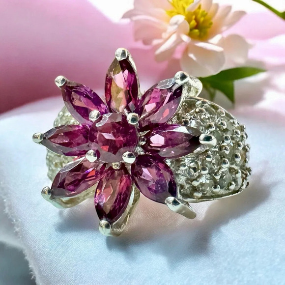 💜🩷Vibrant Rubellite Tourmaline & White Topaz Sterling Silver Ring (6) - Picture 3 of 9